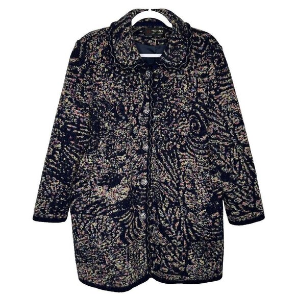 Wool Coatigan Intarsia Jeweled Buttons Cardigan Sweater Size US 2XL - Picture 1 of 16